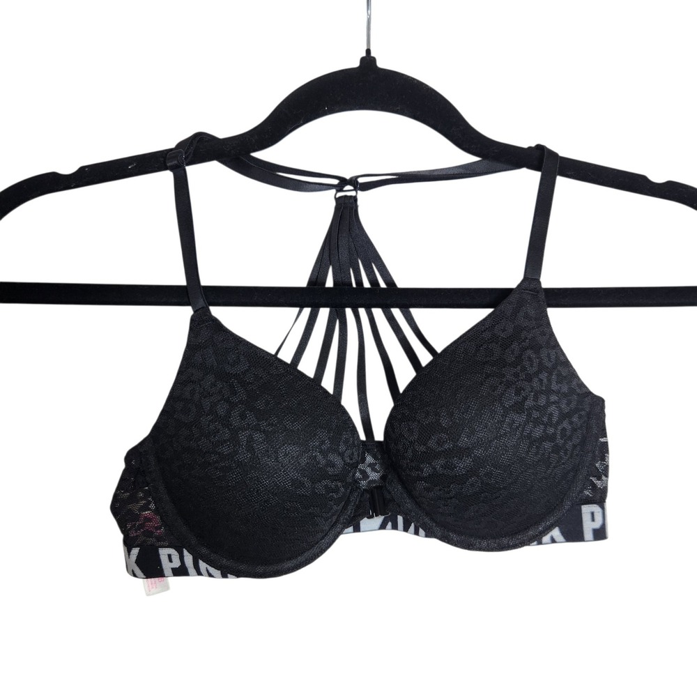 Victoria's Secret PINK Lace Push Up Bra Black Leopard Strappy Cage Back 32B